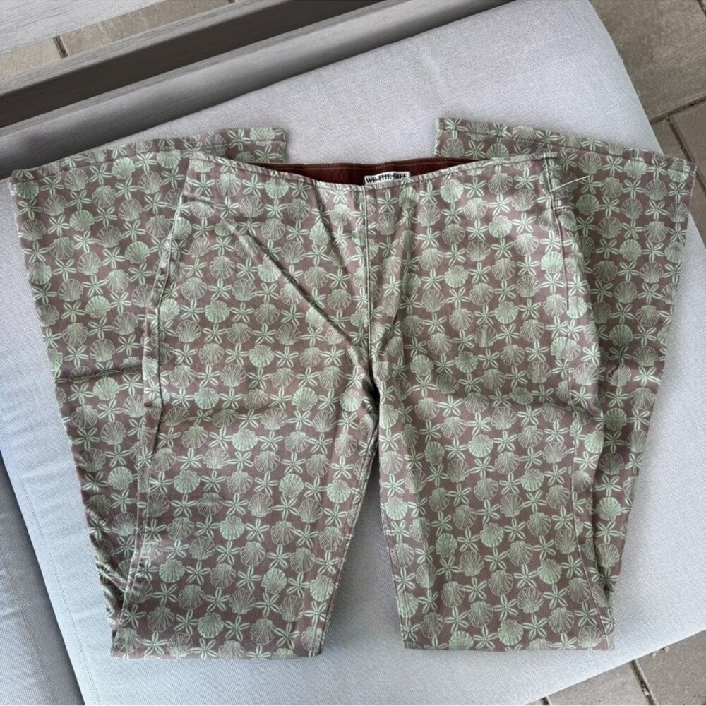 NWT Free People Penny Pull-On Flare Jeans Sea Shell Printed Green 32